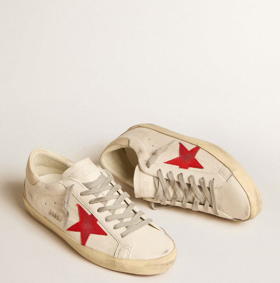 Super-Star in nappa leather with red star and heel tab in cream-colored leather
