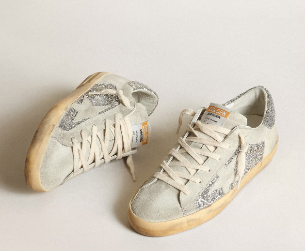 Super-Star women's sneakers in silver glitter with star and ice-colored details