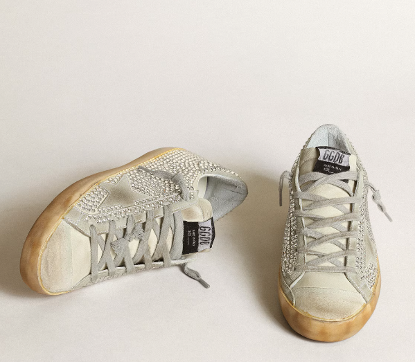 Super-Star women's sneakers in white nubuck leather with Swarovski crystals