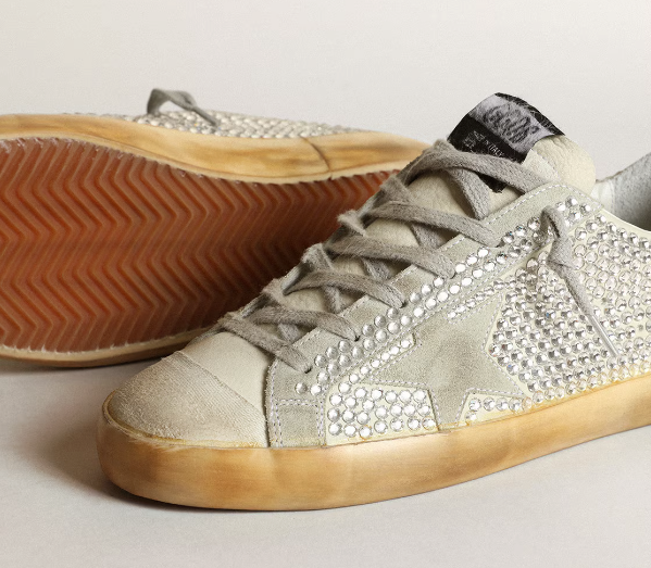 Super-Star women's sneakers in white nubuck leather with Swarovski crystals