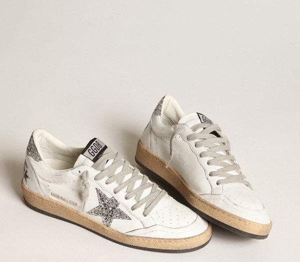 Ball Star women's sneakers in nappa leather with white star and glitter heel tab