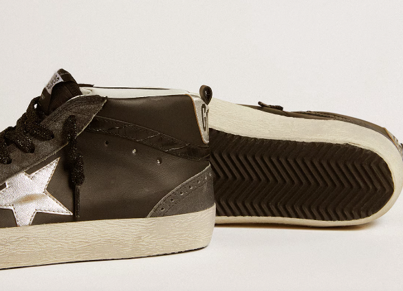 Mid Star women's sneakers in black leather with star made of silver laminated leather