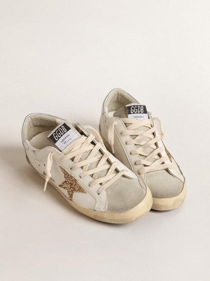 Super-Star women's sneakers with gold glitter star and ice suede inserts