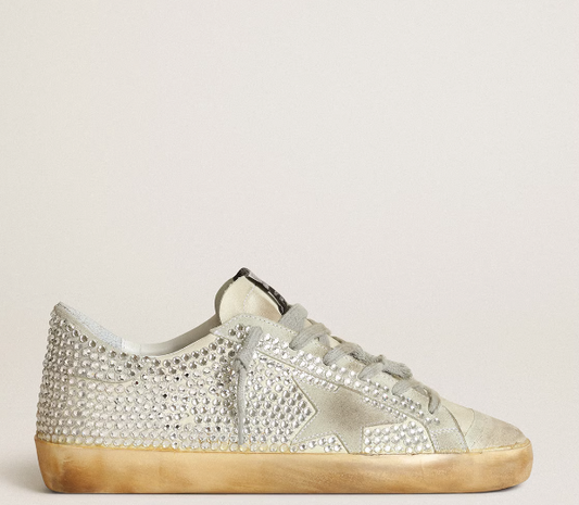 Super-Star women's sneakers in white nubuck leather with Swarovski crystals