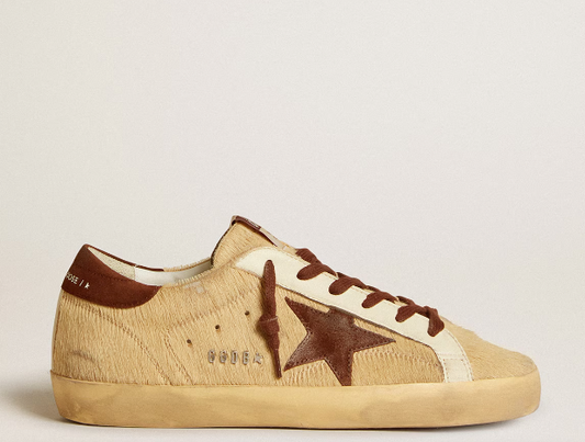 Super-Star women's sneakers in beige pony hair with star and heel tab in brown suede