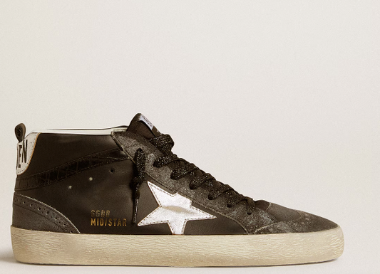 Mid Star women's sneakers in black leather with star made of silver laminated leather
